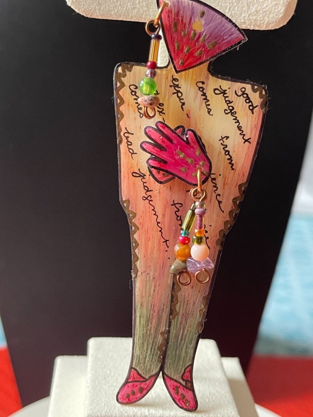 Vtg Artisan Mixed Media Brooch Hand Painted Quirky Design With Beaded Dangles Wh